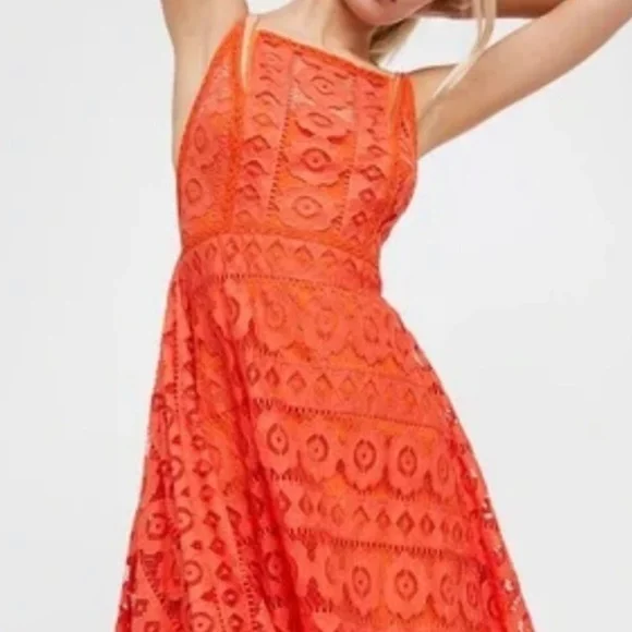 chinese dress ladies Free People Womens Cross My Heart Lace Ruffled Mini Dress Orange 6 at  Amazon Women's Clothing store main image 0